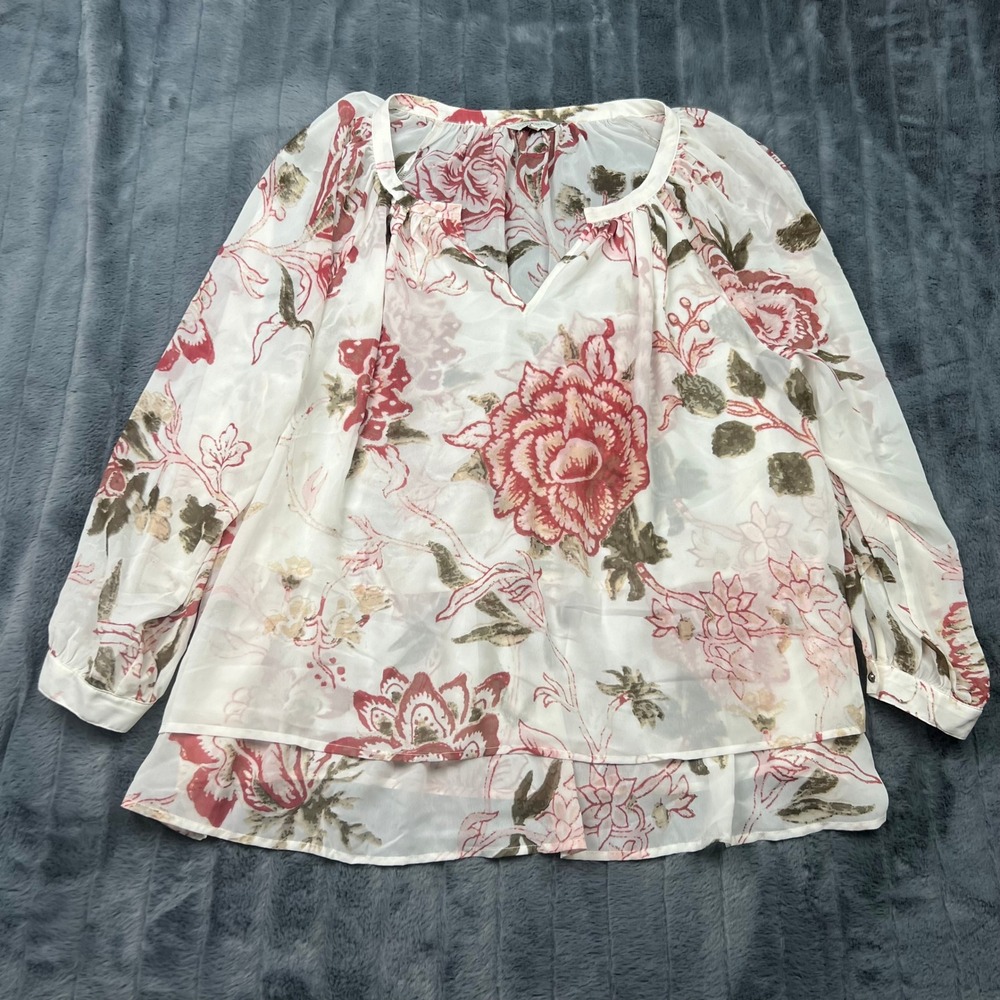 Lucky Brand Floral Peasant Blouse 2X Red Olive White V-Neck Chiffon Top 13663